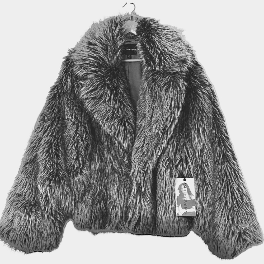 Ashley Graham Womens Plus Size Grey Faux Fur Midweight Cropped Coat 3X